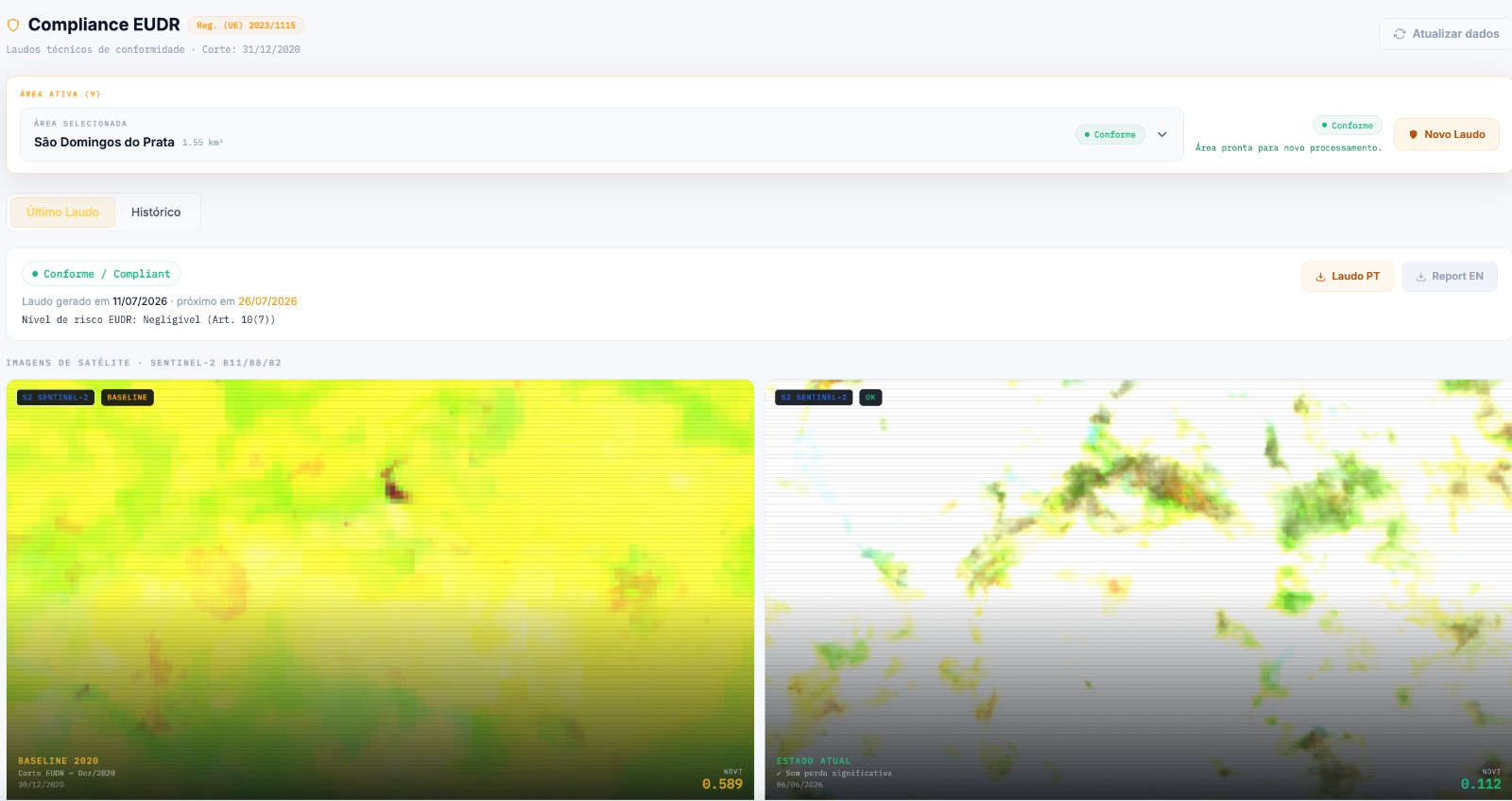 Tela de compliance EUDR da Orbital Watch com o último laudo e as imagens Sentinel-2 de 2020 e atual